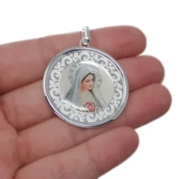 Virgen de Fátima Medalla Plata Ley 925m unisex 35 mm. imagen resina p