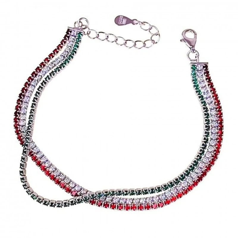 Pulsera Plata Ley 925m mujer 16 cm. triple cadena circonitas colores
