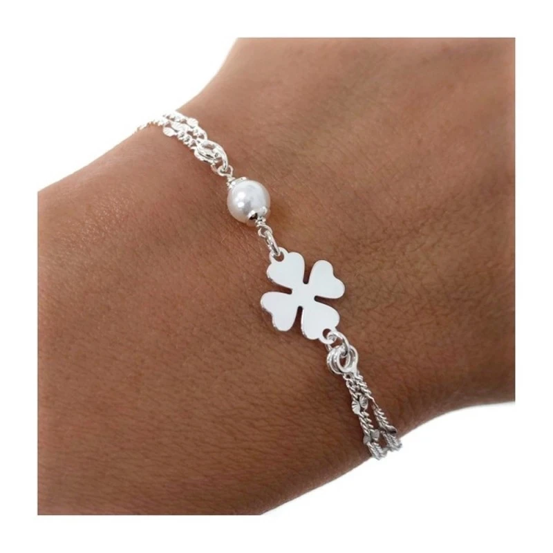 Pulsera Plata Ley 925m mujer 17 cm. cadena doble trébol 10 mm. combin