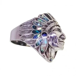 Sortija Plata Ley 925m unisex cabeza indio 31.5 mm. detalle abulón