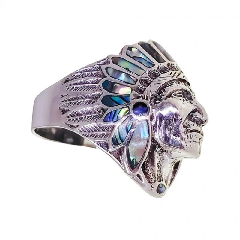 Sortija Plata Ley 925m unisex cabeza indio 31.5 mm. detalle abulón