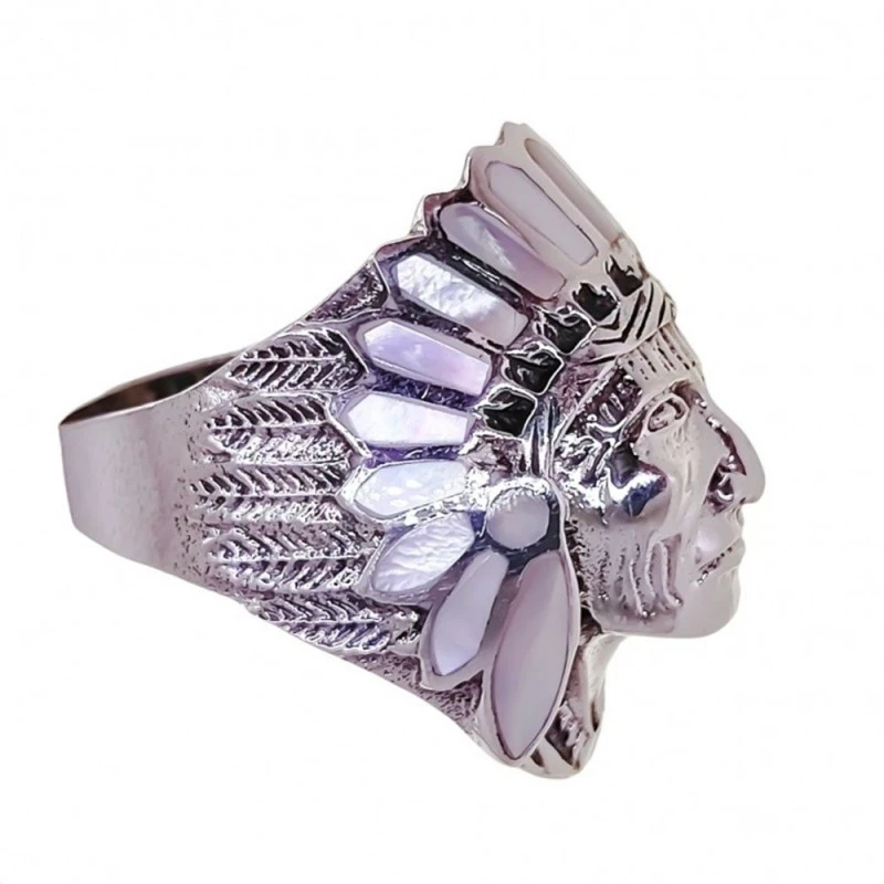 Sortija Plata Ley 925m unisex cabeza indio 31.5 mm. detalle nácar
