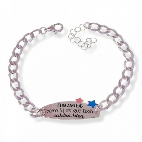 Pulsera plata Ley 925m mujer 18 cm. barbada 5 mm. chapa detalle estrellas esmlatadas mensaje CON