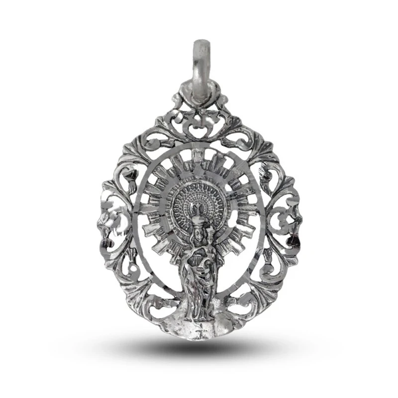 Virgen del Pilar Medalla Plata Ley 925m maciza 43 mm. cerco tallado o
