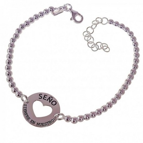 Pulsera Plata Ley 925m Seño Siempre en nuestro corazón calado disco 16 mm. cadena bolas 16.5 cm.