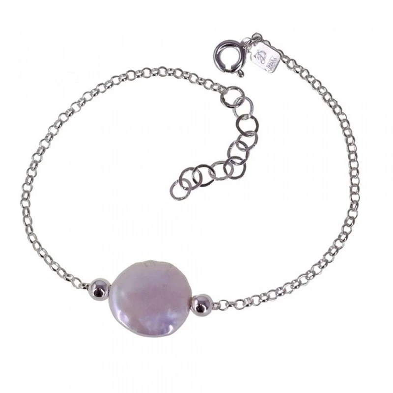 Pulsera Plata Ley 925m motivo perla galleta 14 mm. cadena rolo 17 cm.