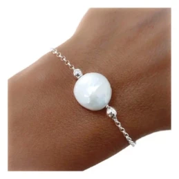 Pulsera Plata Ley 925m motivo perla galleta 14 mm. cadena rolo 17 cm.