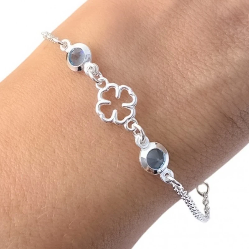 Pulsera Plata Ley 925m cadena rolo 15 cm. trébol calado 9 mm. circoni