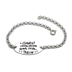 Pulsera Plata Ley 925m cadena rolo 18 cm. corazones esmaltados CONTIGO SIEMPRE QUIERO MÁS... TE AMO