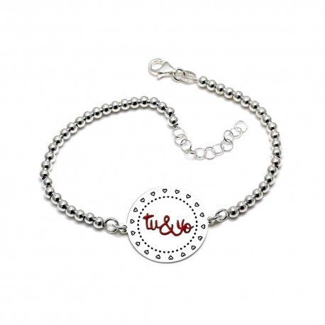 Pulsera Plata Ley 925m 18 cm. bolas chapa TU Y YO esmaltado