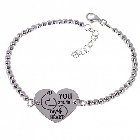 Pulsera Plata Ley 925m 18 cm. bolas chapa corazón YOU ARE IN MY HEART