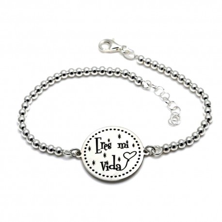 Pulsera Plata Ley 925m 18 cm. bolas chapa ERES MI VIDA