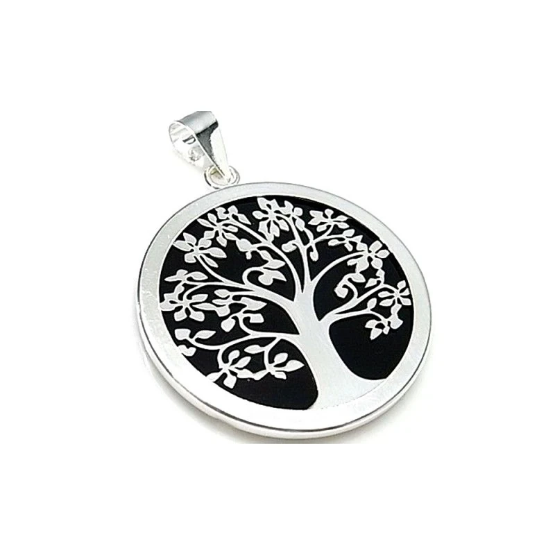 Colgante plata ley 925m 40mm. árbol vida acetato negro cerco [AA8344]