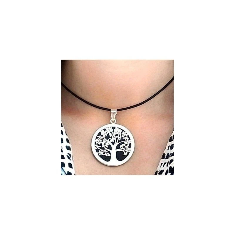 Colgante plata ley 925m 40mm. árbol vida acetato negro cerco [AA8344]