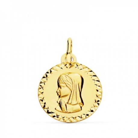 Virgen Niña Primera Comunión Medalla Oro 9k unisex 16 mm. tallada cruzada borde