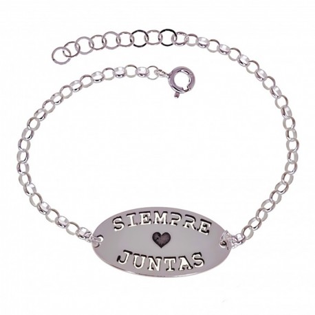 Pulsera Plata Ley 925m mujer 16.5 cm. cadena rolo chapa ovalada mensaje SIEMPRE JUNTAS CORAZÓN