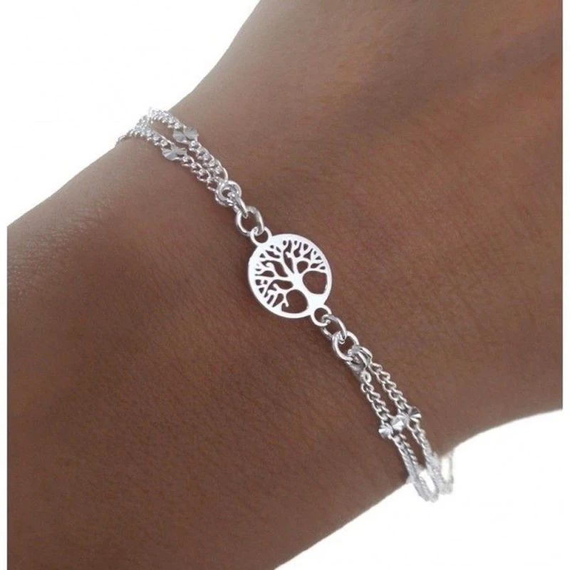 Pulsera Plata Ley 925m mujer 17 cm. doble cadena Árbol Vida calado 9