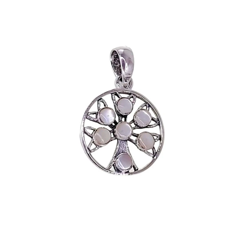 Colgante Plata Ley 925m mujer 15 mm. Árbol Vida calado oxidado nácar