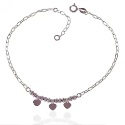 Tobillera Plata Ley 925m cadena forzada 22 cm. mujer corazones 5 mm.