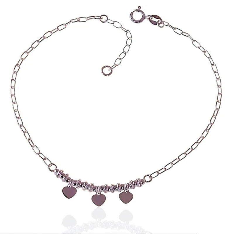 Tobillera Plata Ley 925m cadena forzada 22 cm. mujer corazones 5 mm.