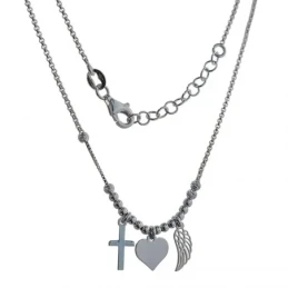 Gargantilla Plata Ley 925m cruz corazón pluma cadena rolo 42 cm. muje