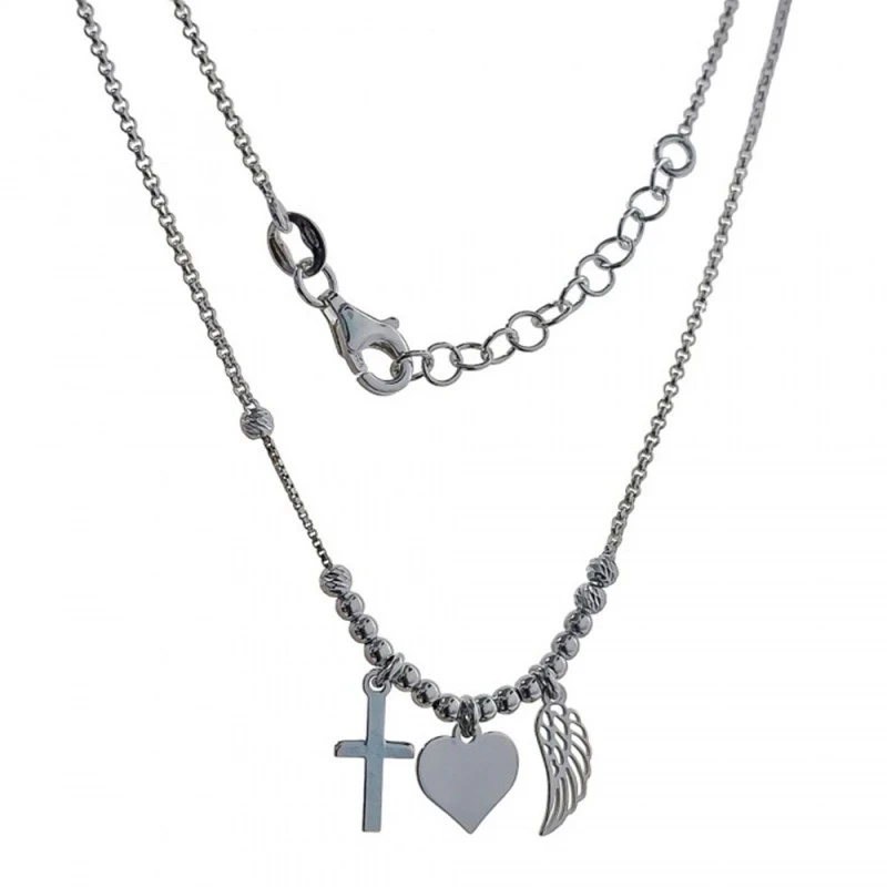 Gargantilla Plata Ley 925m cruz corazón pluma cadena rolo 42 cm. muje