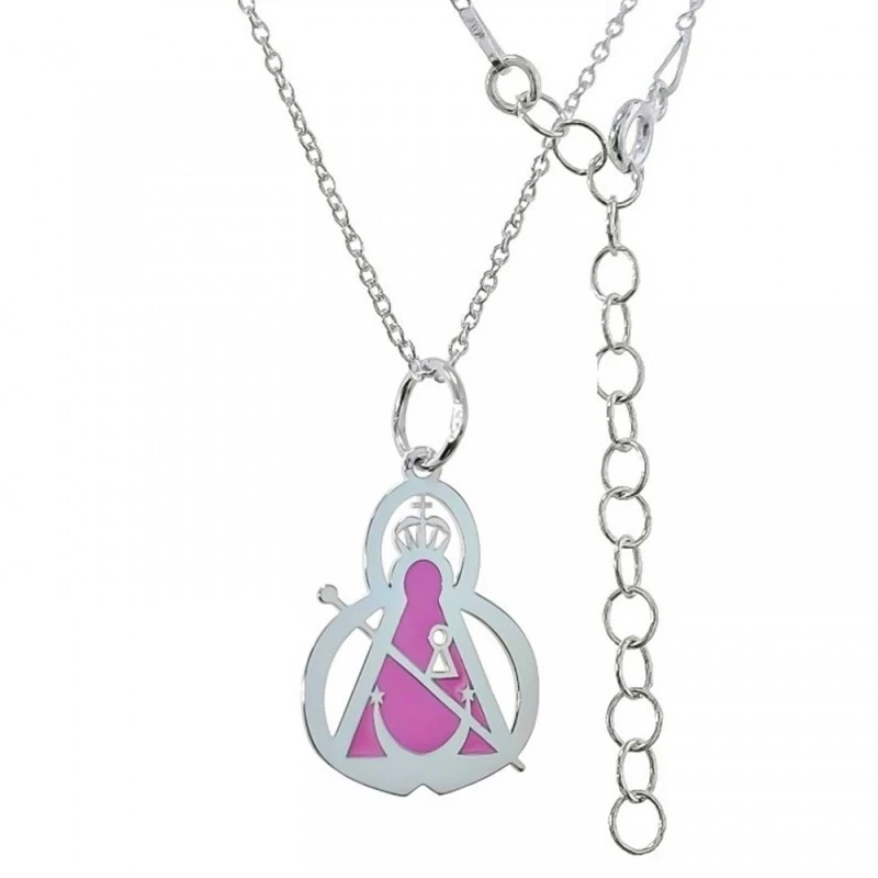 Virgen de la Cabeza esmaltada rosa Gargantilla Plata Ley 925m cadena