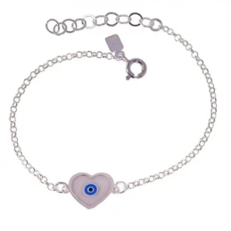 Ojo Turco Corazón Esmalte Pulsera Plata Ley 925m cadena rolo 16 cm.