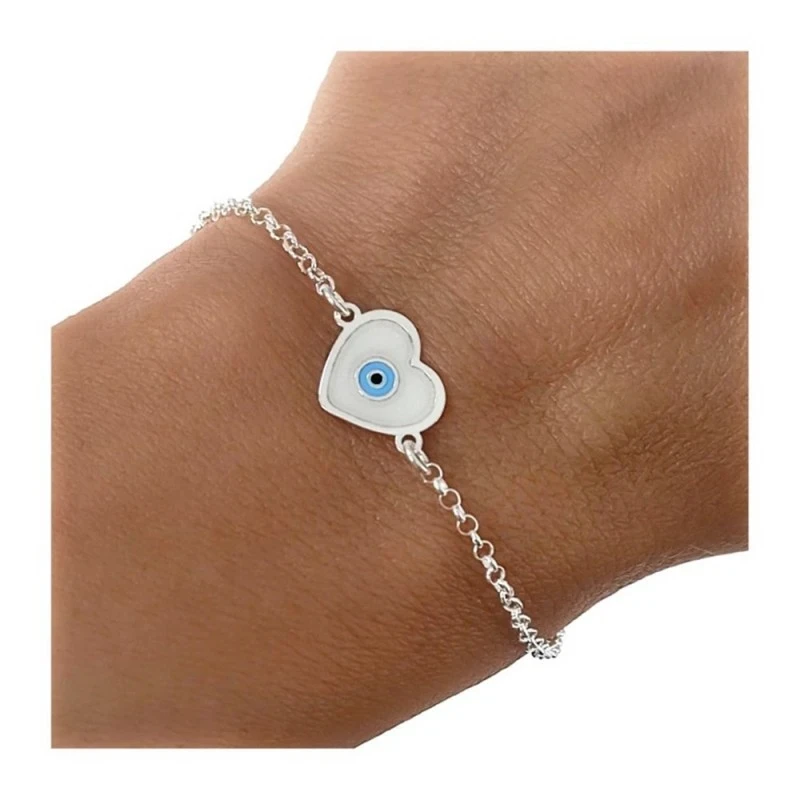 Ojo Turco Corazón Esmalte Pulsera Plata Ley 925m cadena rolo 16 cm.