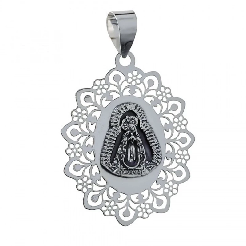 Virgen de la Soledad Colgante Plata Ley 925m medalla 40 mm. bordes de
