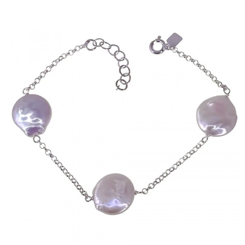 Pulsera Plata Ley 925m motivo perlas galleta 14 mm. cadena rolo 17 cm