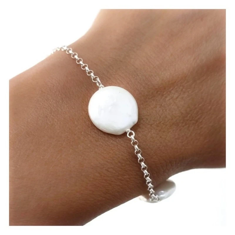 Pulsera Plata Ley 925m motivo perlas galleta 14 mm. cadena rolo 17 cm