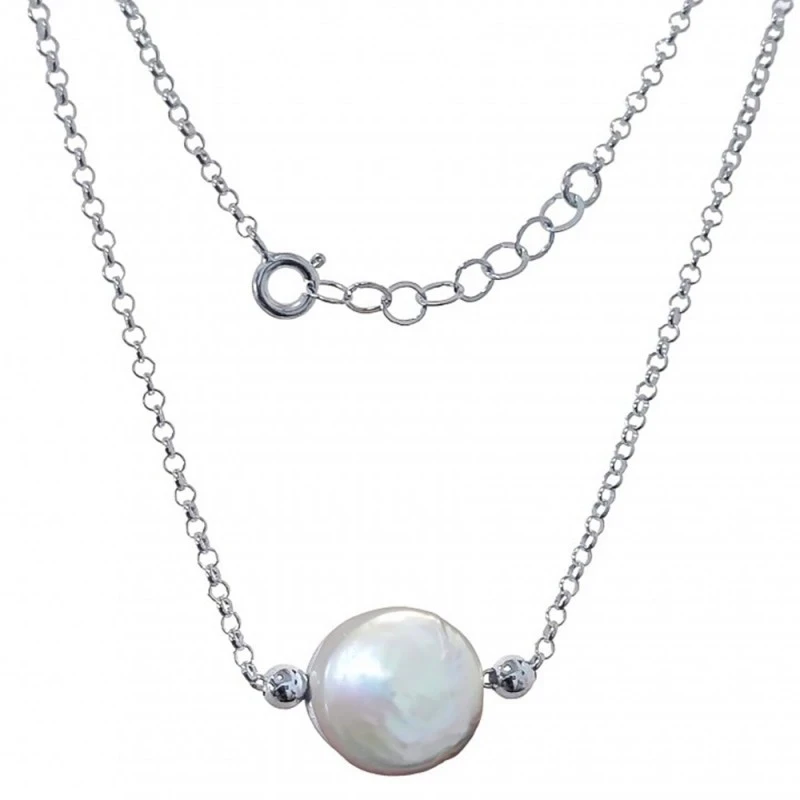 Gargantilla Plata Ley 925m motivo perla galleta 13 mm. cadena rolo 43