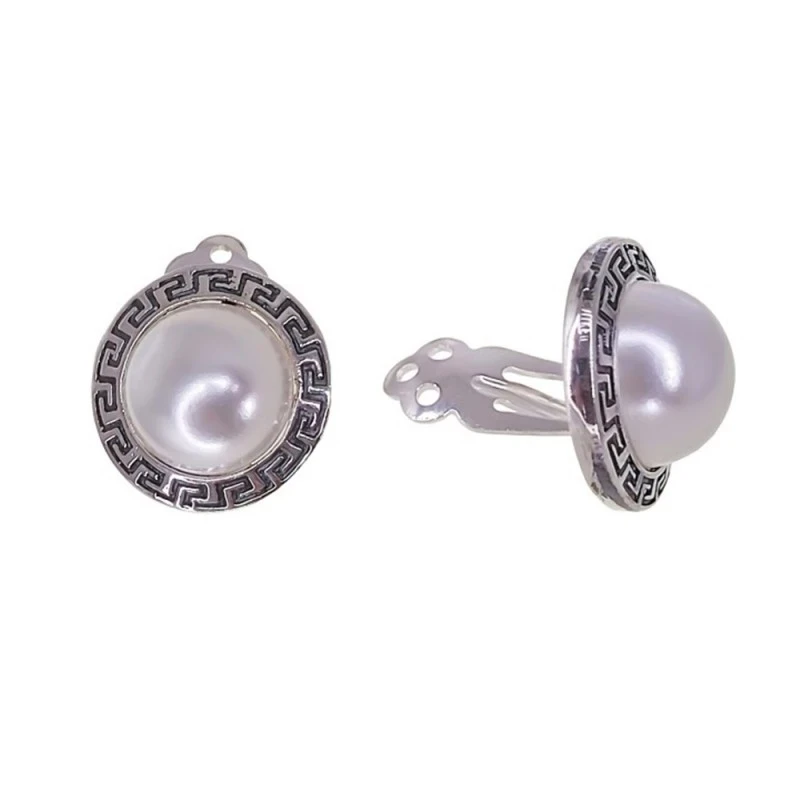 Pendientes dibujo greca 16 mm. Plata Ley 925m perla cierre clip