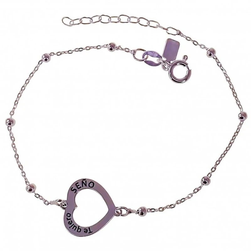 Pulsera Plata Ley 925m Seño corazón calado 14 mm. cadena combinada bo