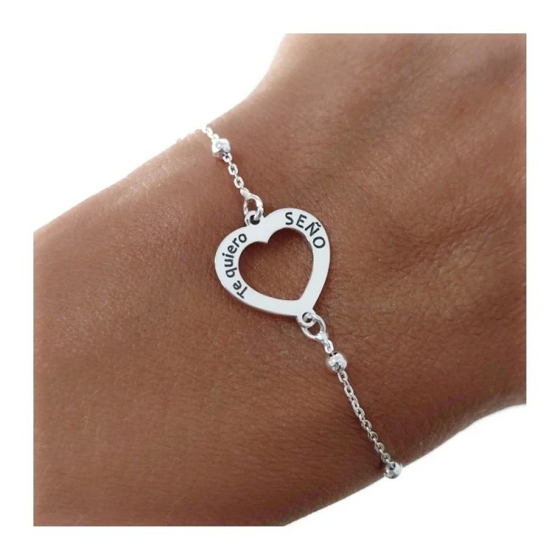Pulsera Plata Ley 925m Seño corazón calado 14 mm. cadena combinada bo