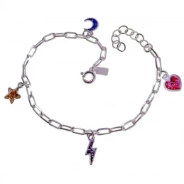 Pulsera Plata Ley 925m estrella corazón luna rayo esmaltados colores