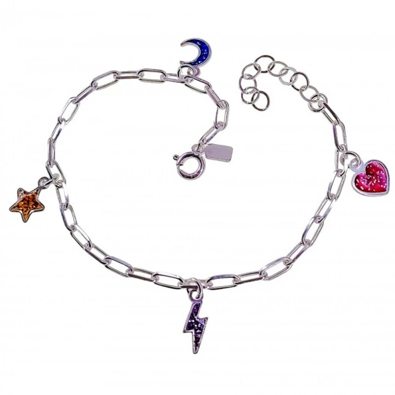 Pulsera Plata Ley 925m estrella corazón luna rayo esmaltados colores