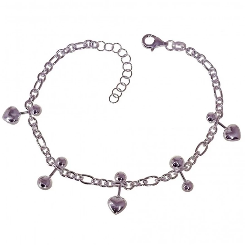 Pulsera Plata Ley 925m motivo corazones 6 mm. bolas 4 mm. cadena 17 c