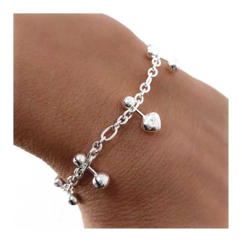 Pulsera Plata Ley 925m motivo corazones 6 mm. bolas 4 mm. cadena 17 c
