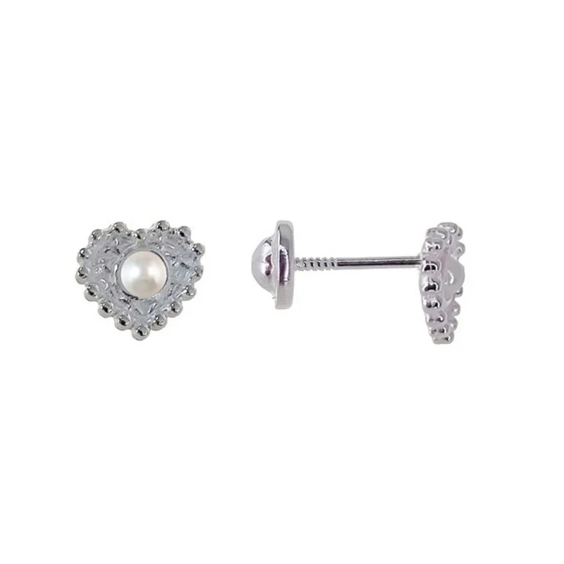 Pendientes Plata Ley 925m niña corazón 7 mm. perla