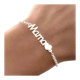 Pulsera Plata Ley 925m mensaje MAMÁ corazón cadena rolo 17 cm.