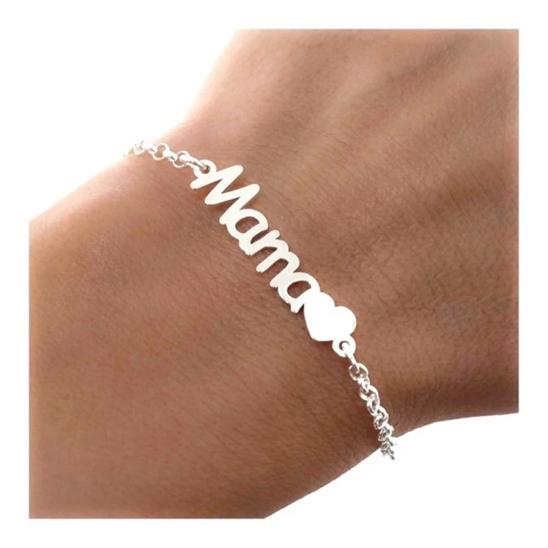 Pulsera Plata Ley 925m mensaje MAMÁ corazón cadena rolo 17 cm.