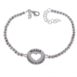 Pulsera Plata Ley 925m Mamá corazón disco 15 mm. cadena bolas 16.5 cm