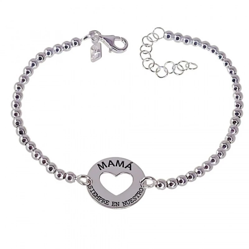 Pulsera Plata Ley 925m Mamá corazón disco 15 mm. cadena bolas 16.5 cm