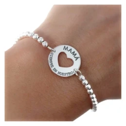 Pulsera Plata Ley 925m Mamá corazón disco 15 mm. cadena bolas 16.5 cm