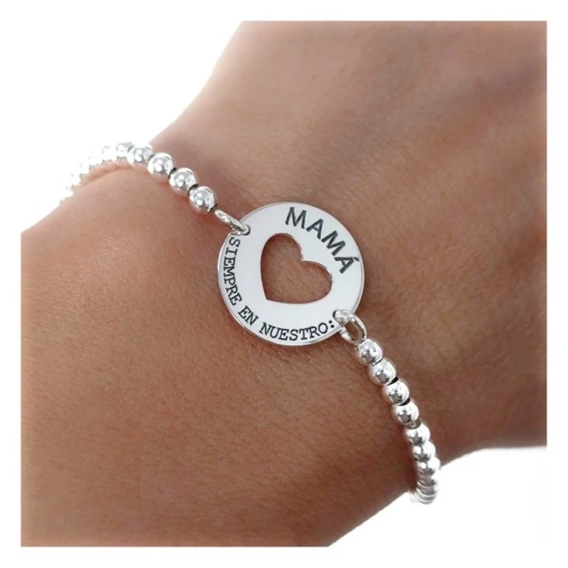 Pulsera Plata Ley 925m Mamá corazón disco 15 mm. cadena bolas 16.5 cm
