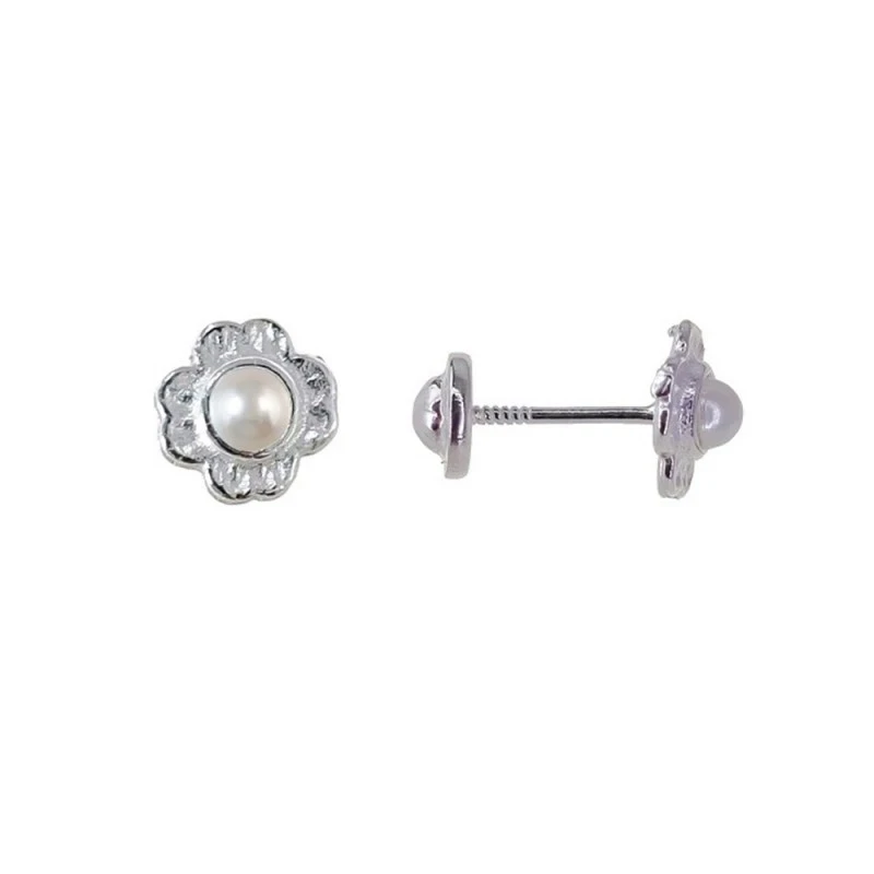 Pendientes Plata Ley 925m niña flor 7 mm. perla