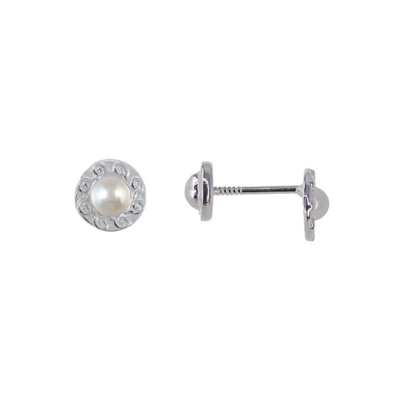 Pendientes Plata Ley 925m niña círculo 6 mm. perla dibujo olas