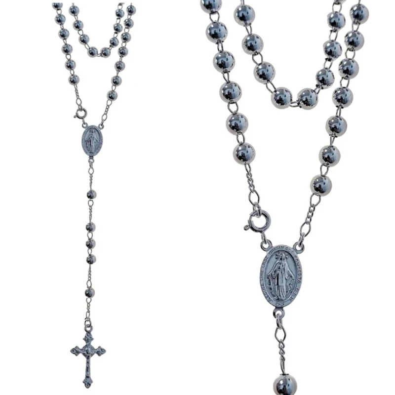 Virgen Milagrosa Rosario Plata Ley 925m unisex 50 cm. bolas lisas 6 m